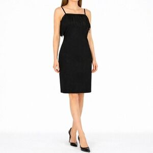 70s Vintage Black Fringe Dress Stretch Knit Slip Dress Spaghetti Strap Womens S